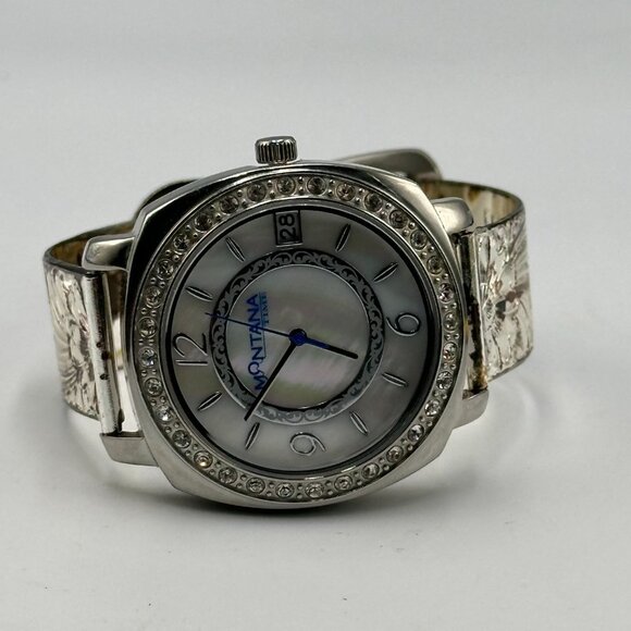 Montana Time Watch Women Silver Tone Mother of Pearl Dial Scroll Design Band - Picture 8 of 14